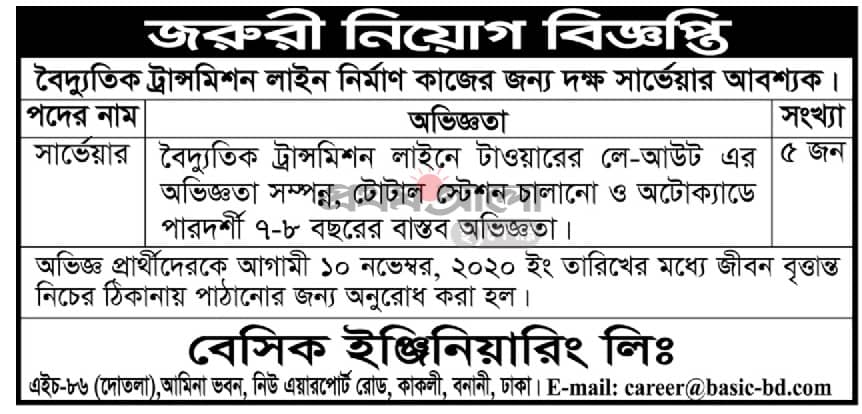 Job in Bangladesh for surveyors in Basic Engineering Limited